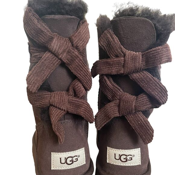 UGG Boots Womens Size 5 Bailey Bow Corduroy Chocolate Brown Suede Leather - Picture 4 of 6